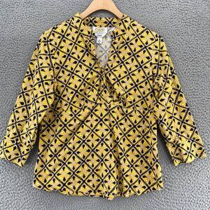 Talbots Top Womens Medium Petite Yellow Pattern Stretch 3/4 Sleeve 1/4 Snap Up